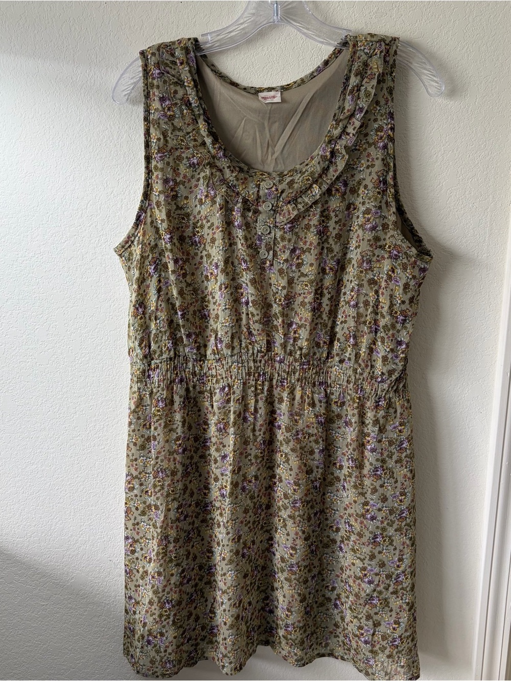 Mossimo Green Floral Ruffle Mini Dress Y2K Sleeveless Boho Cottagecore L XL